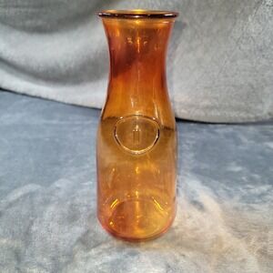 Vintage Amber Glass Carafe Bud Vase Embossed Seal Honey Gold Retro Decanter 8"